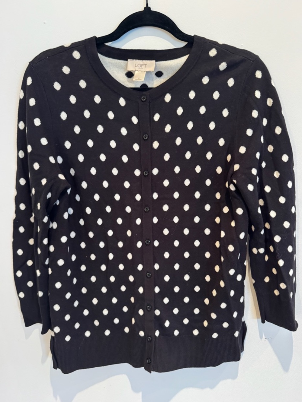 LOFT Black and White Polka Dot Button-Front Sweater Cardigan, Size Small